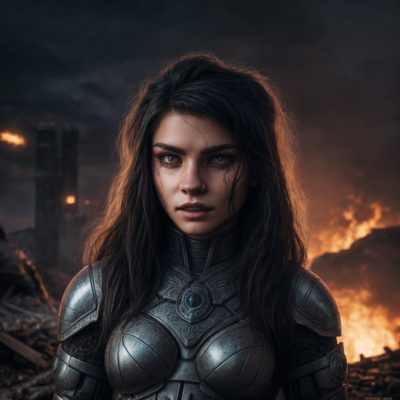 ((detailed cyborg female )), wearing runes armor, ragnarök, destroyed city after nuclear blast flodded with ((black water:1.2)), post apocalyptic, warzone, fire , smokeBREAK(masterpiece, best quality, ultra realistic, 4k, 2k, (intricate, high detail:1.2), film photography, soft focus,RAW photo, photorealistic, analog style, subsurface scattering, photorealism, absurd res), high quality photography, 3 point lighting, flash with softbox, 4k, Canon EOS R3, hdr, smooth, sharp focus, high resolution, award winning photo, 80mm, f2.8, bokeh