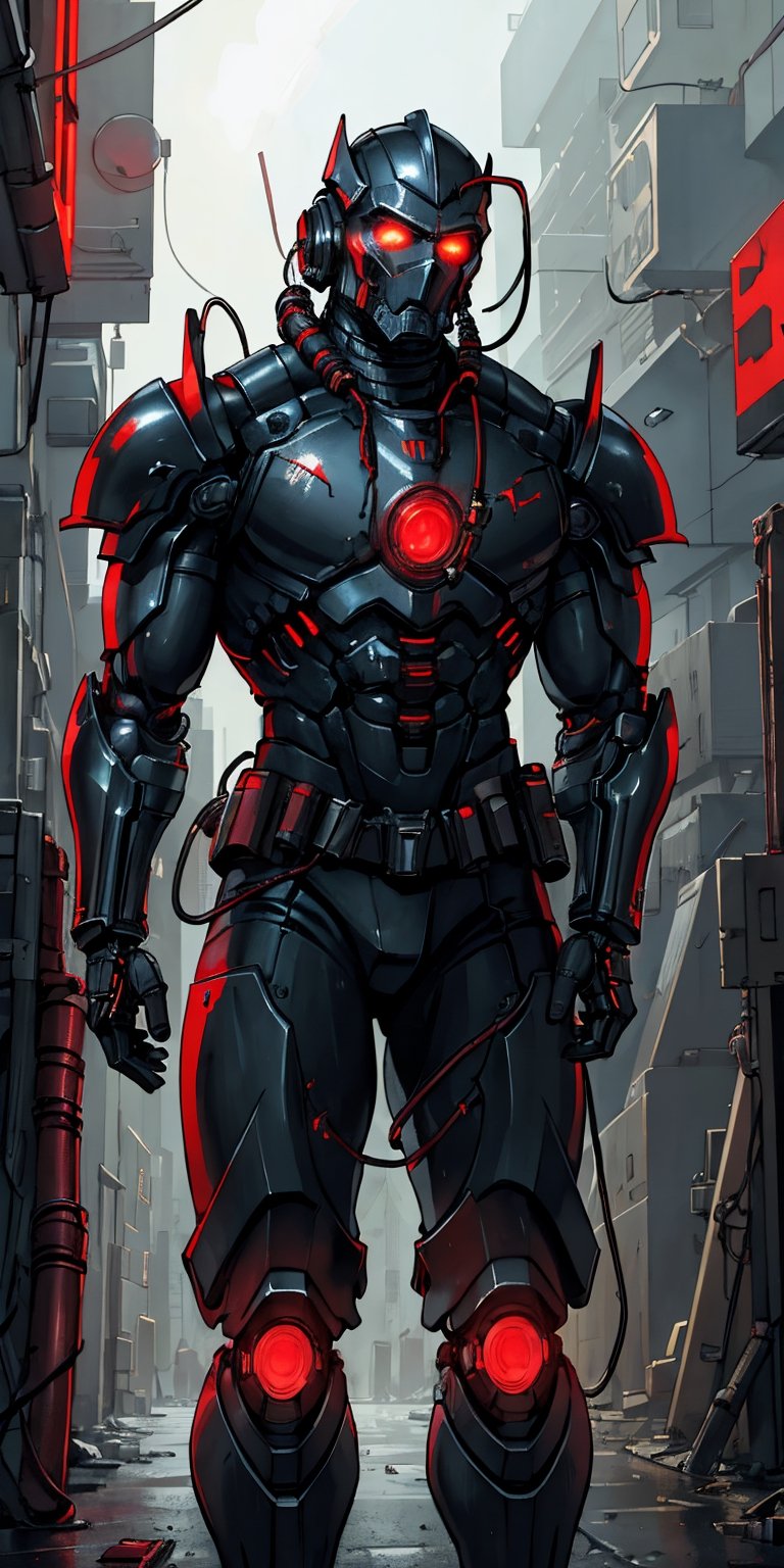 (masterpiece),  best quality,  ultra detailed,  Tech masked dark male cyberpunk armored soldier with full armor,  red glowing robotic camera eyes,  life-support hoses in chest,  bulky hi-tech cyberpunk armor