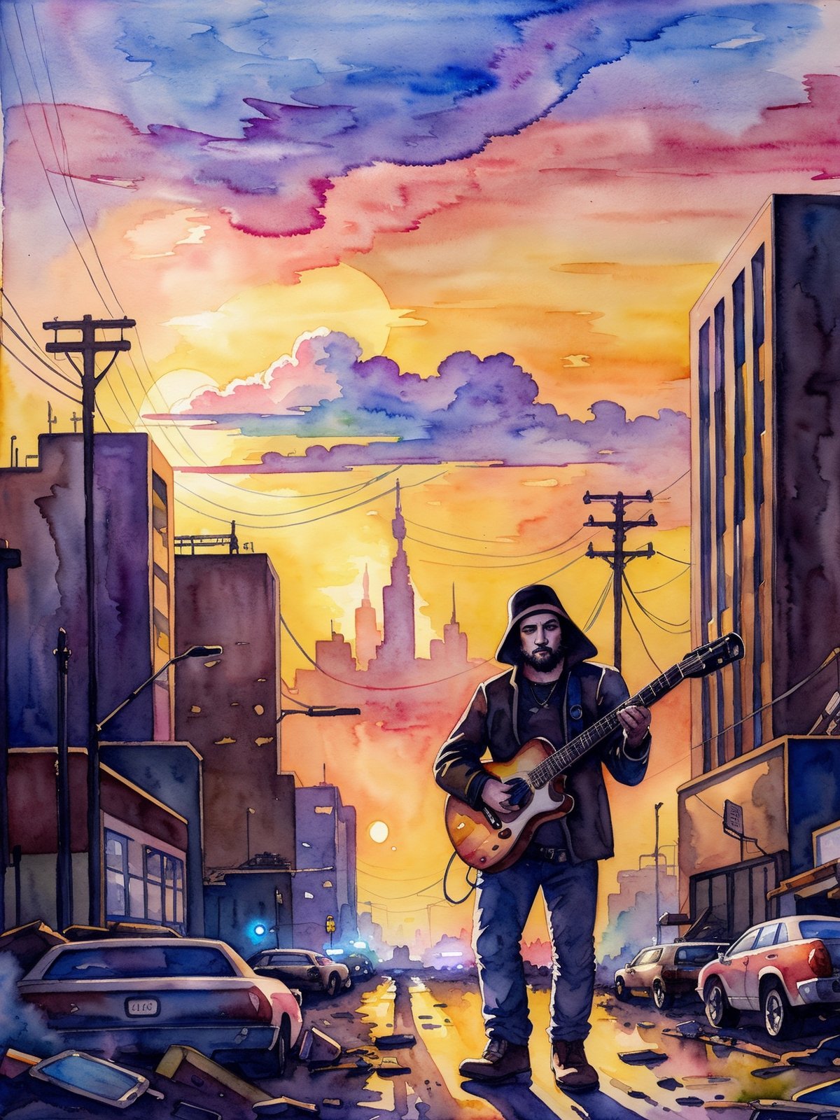 Watercolor painting A black metal guy plays his guitar on the last day on earth , post-apocalyptic destroyed city background (colorful aquarell ), ((new dawn) . Vibrant, beautiful, painterly, detailed, textural, artistic