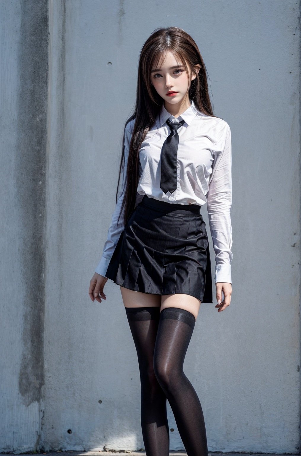 upper_body,long hair, skirt, black legwear,
 thighhighs, black hair, standing, 
 shirt, , white shirt, shoes, 
black skirt, black footwear,  pleated skirt,  ,,black necktie,emma,solo,looking at viewer,pose for picture,black pantyhose,(base court)
