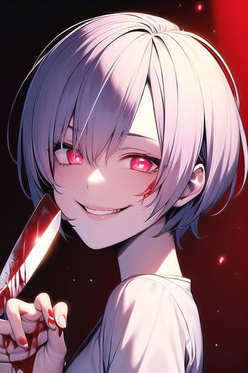 1girl, very_short_pixie haircut,yandere,sadistic smile,glowing eyes,closed_mouth,holding_weapon,knife,red_eyes,blood on face,very short hair