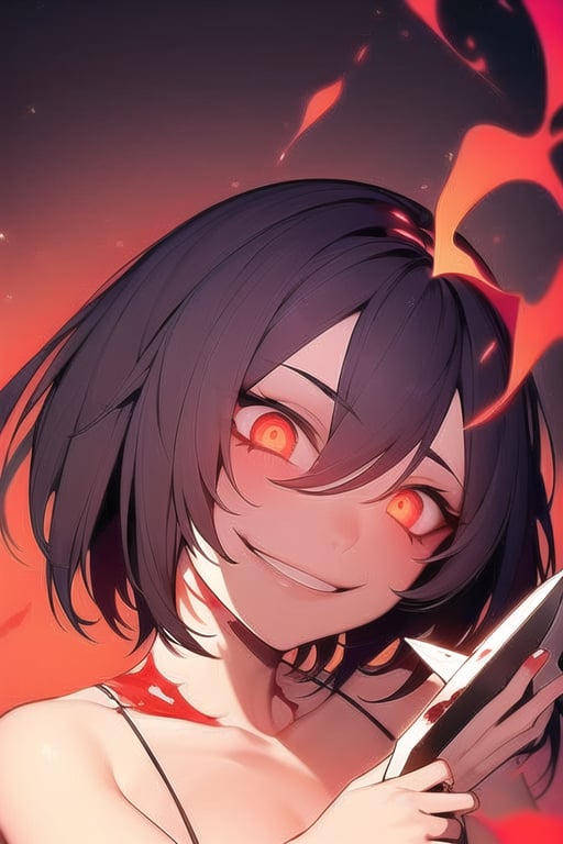 1girl with very_short_pixie hairstyle,yandere,sadistic smile,glowing eyes,closed_mouth,holding_weapon,knife,red_eyes,blood on face