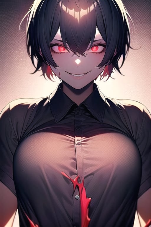 1girl, elongated_pixie haircut,yandere,sadistic smile,glowing eyes,closed_mouth,holding_weapon,knife,red_eyes,blood on face,