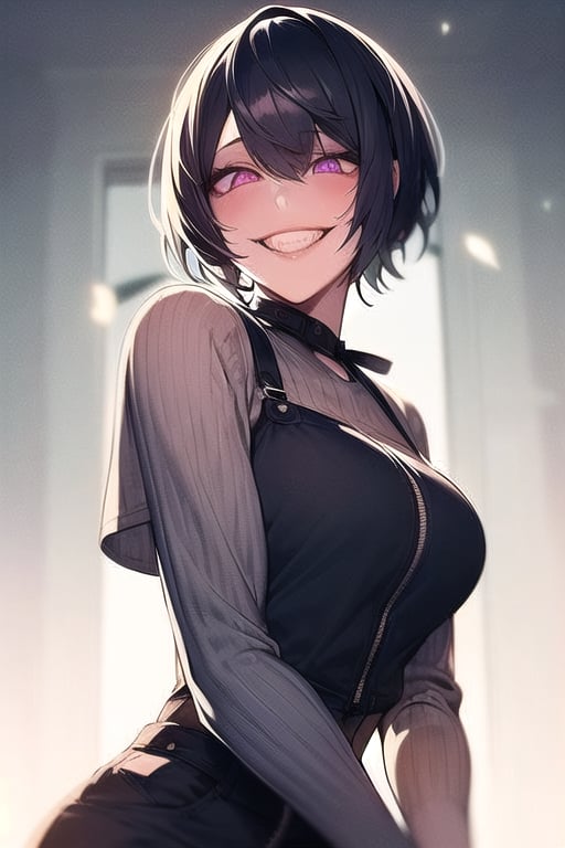 1girl with very_short_pixie hairstyle,yandere,sadistic smile,glowing eyes