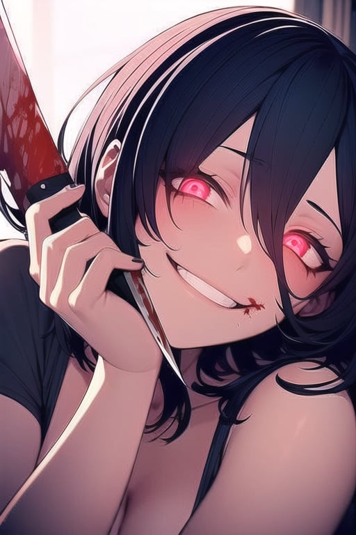 1girl with boy_haircut,yandere,sadistic smile,glowing eyes,closed_mouth,holding_weapon,knife,red_eyes,blood on face