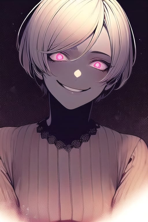 1girl with very_short_pixie hairstyle,yandere,sadistic smile,glowing eyes,closed_mouth