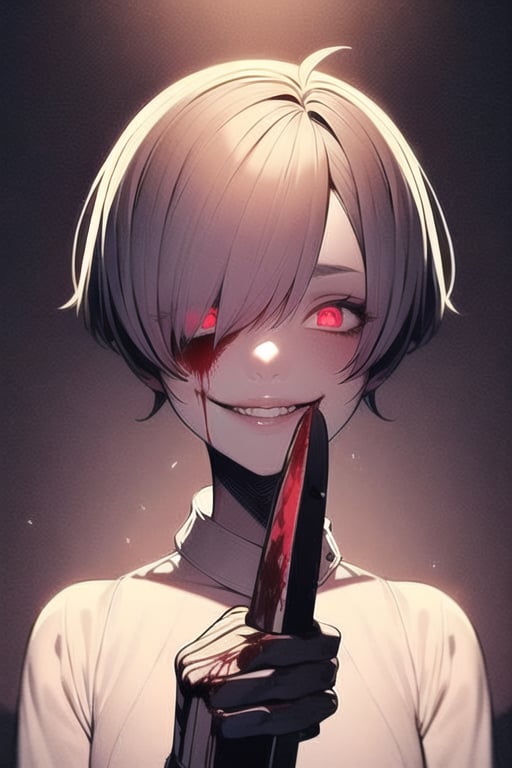 1girl with very_short_pixie hairstyle,yandere,sadistic smile,glowing eyes,closed_mouth,holding_weapon,knife,red_eyes,blood on face,short_pixie