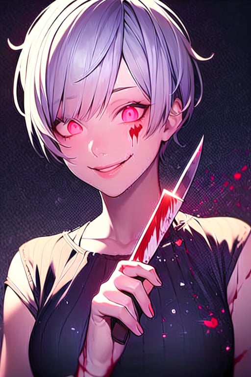 1girl with very_short_pixie hairstyle,yandere,sadistic smile,glowing eyes,closed_mouth,holding_weapon,knife,red_eyes,blood on face,short_pixie