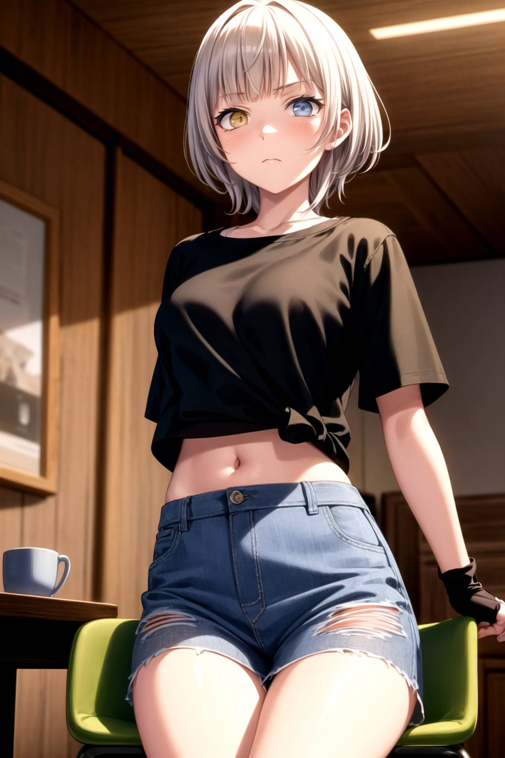 (masterpiece,  best quality,  ultra-detailed),  (illustration),  (beautiful detailed eyes),  kamane raana,  yellow eye,  blue eye,  heterochromia,  grey hair,  short hair,  sitting,  sitting on chair,  chair,  indoors,  black shirt,  short sleeves,  oversize shirt,  ripped shirt,  short,  fingerless gloves,  cowboy shot,  looking at viewer,  serious, (closed mouth:1),  (small breasts,  large hips,  wide hips),  collarbone,  depth_of_field,  blue sky, <lora:EMS-1495-EMS:0.400000>, , <lora:EMS-48675-EMS:0.600000>