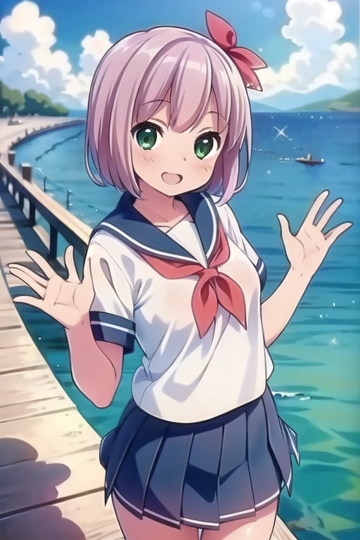 (masterpiece,Best  Quality, High Quality, Best Picture Quality Score: 1.3), (Sharp Picture Quality), Perfect Beauty: 1.5, ,light pink hair, (Japanese School Uniform), One, (Cute School Uniform), Red Hairpiece, Beautiful Girl, Cute,Mini Skirt, Great Smile, Very Beautiful View, Fluttering Skirt, the sea, (Most fantastic view),A girl standing on a dock,pier、waving one hand,shi is 18years old,