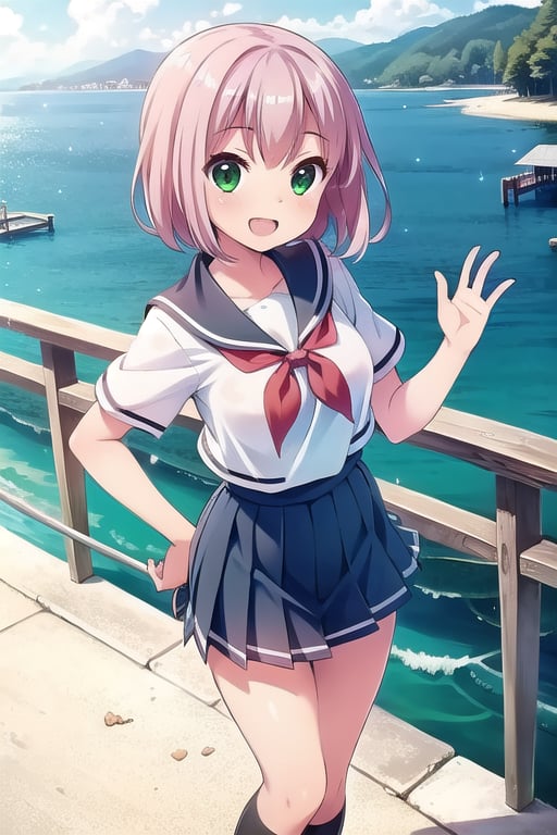 (masterpiece,Best  Quality, High Quality, Best Picture Quality Score: 1.3), (Sharp Picture Quality), Perfect Beauty: 1.5, ,light pink hair, (Japanese School Uniform), One, (Cute School Uniform), Red Hairpiece, Beautiful Girl, Cute,Mini Skirt, Great Smile, Very Beautiful View, Fluttering Skirt, the sea, (Most fantastic view),A girl standing on a dock,pier、waving one hand,shi is 18years old,