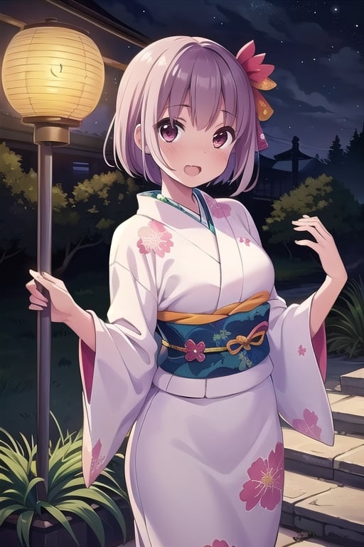 (Superb quality,  High resolution,  Masterpiece: 1.3),  Perfectly formed beauty: 1.5,  (Beautiful landscape),  ((pitch dark night)),  black hair,  Wearing kimono,  One person,  (Pink kimono),  (She has beautiful large Japanese lantern.),  Beautiful girl,  School girl,  Floral kimono,  Fancy kimono design, Great kimono designs,