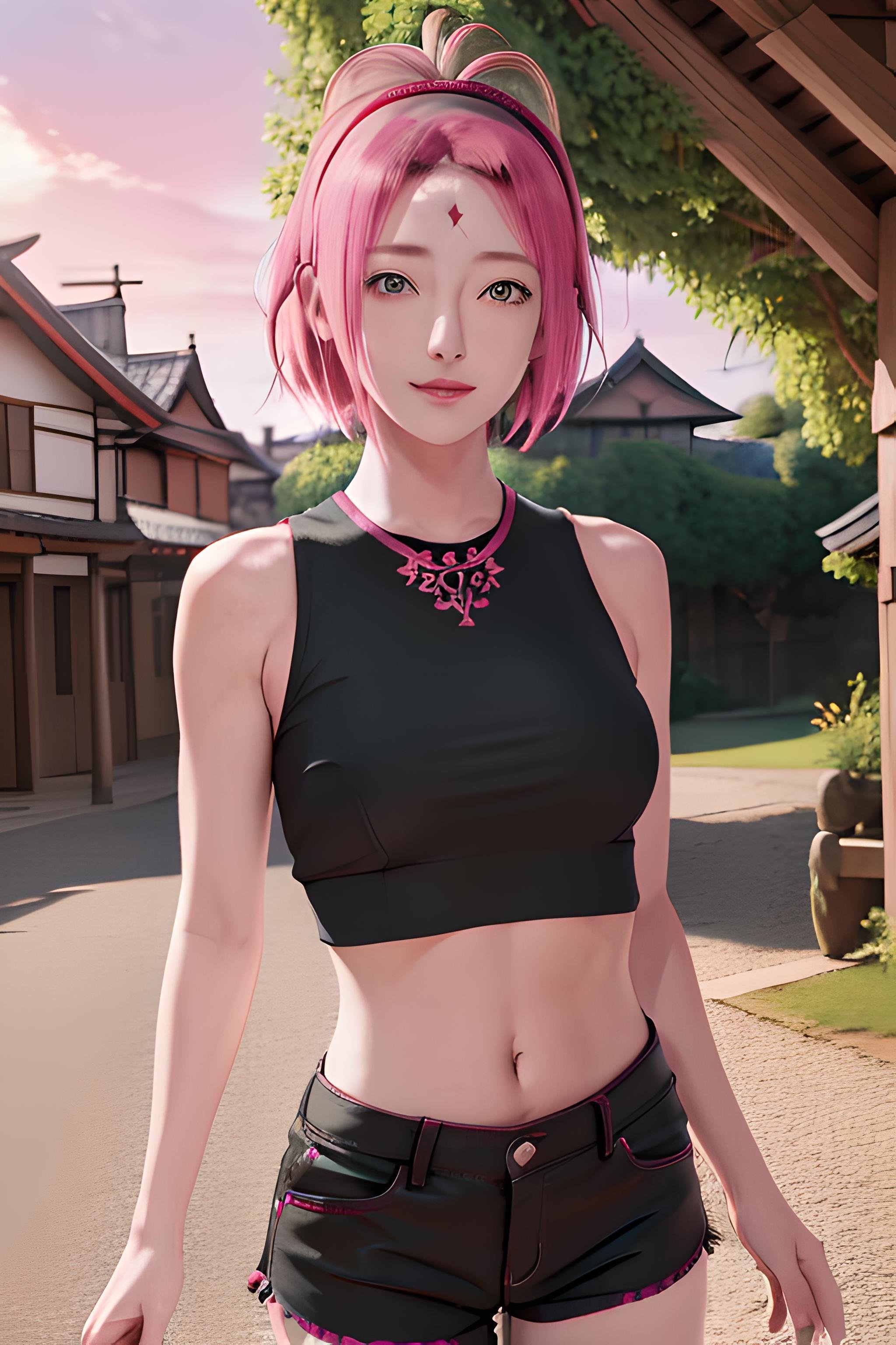 masterpiece, absurdres , (intricate details), (colorful),extremely detailed CG unity 8k wallpaper,1girl, haruno sakura, red hairband, forehead mark, crop top,  navel, black shorts, exercise, outdoors, morning, day, sunlight,   looking at viewer, realistic, hyper realistic, ultra realistic,pink hair, short hair, green eye,   <lora:Sakura:0.8>