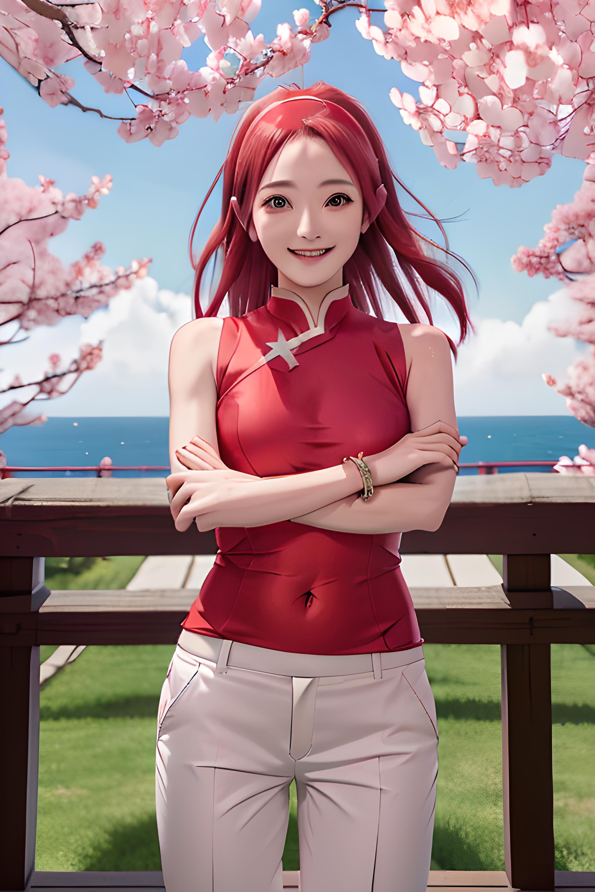 masterpiece, absurdres ,1girl, haruno sakura,forehead mark, red hairband, red sleeveless dress, white pants,navel,   groin,   bracelet, looking at viewer, crossed arms, smile, cherry blossoms, wind, floating hair,   <lora:Sakura:0.8>