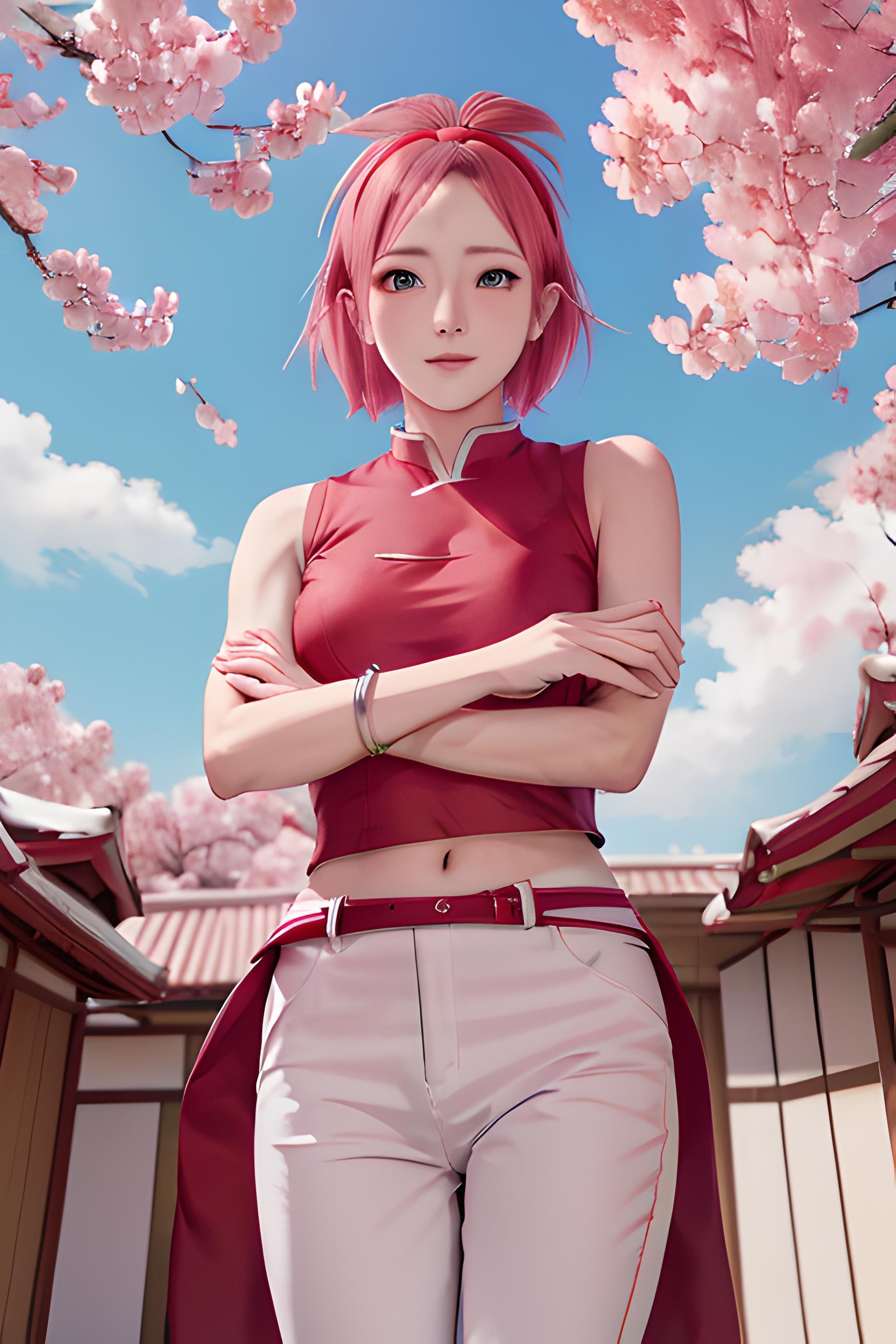 masterpiece, absurdres ,1girl, haruno sakura,forehead mark, red hairband, red sleeveless dress, white pants, navel,   groin,   bracelet, looking at viewer, crossed arms, cherry blossoms, wind, floating hair, pink hair, short hair, green eye,   <lora:Sakura:0.8>