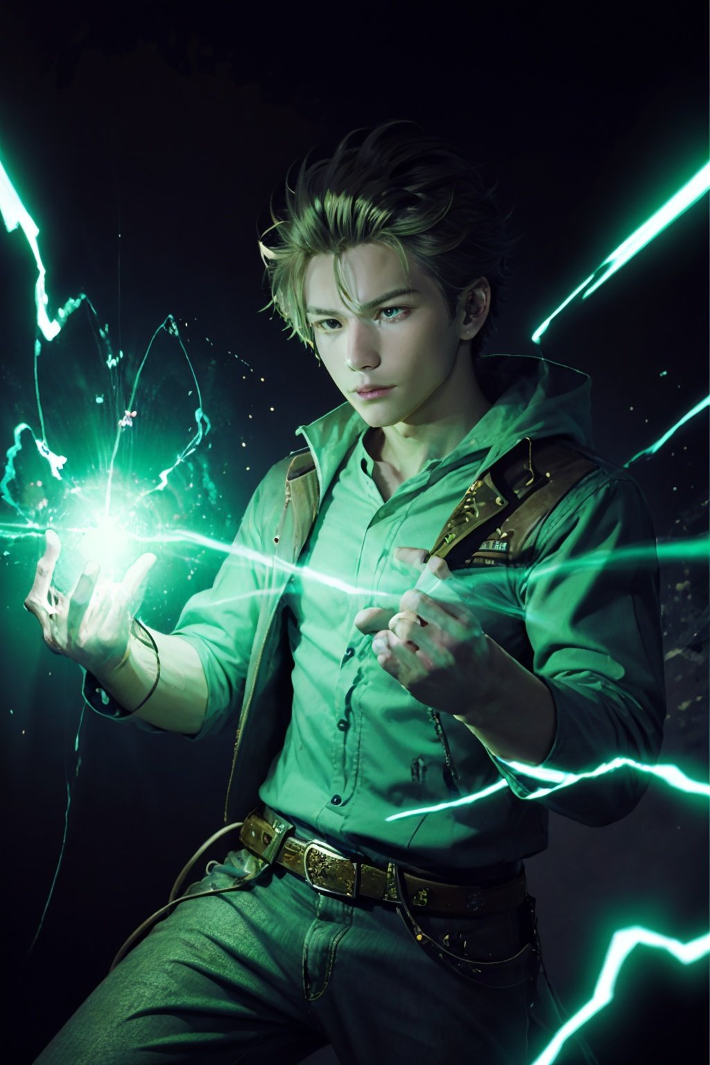 <lora:lightning_v1:0.4>,1boy,cowboy shot,green electricity,green aura,green lightning,condense energy in his hands,