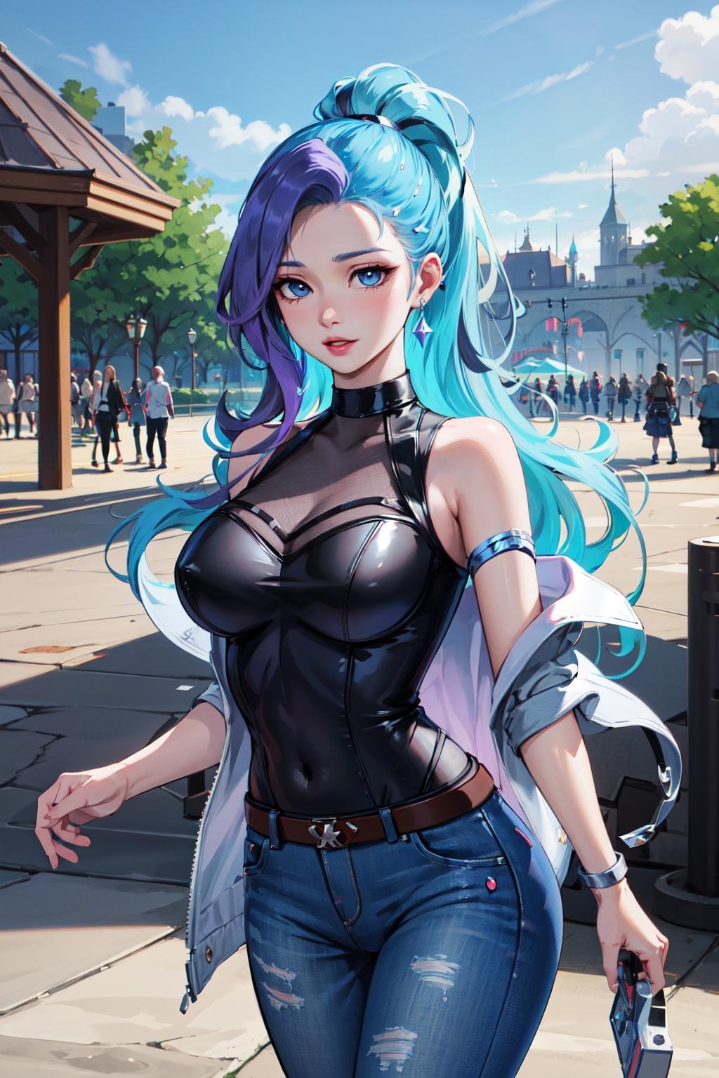 masterpiece, best quality, highres, seraphine1, 1girl, solo, blue hair, k/da \(league of legends\), very long hair, multicolored hair, ponytail, blue eyes, earrings, two-tone hair, purple hair, large breasts, <lora:seraphine_(league_of_legends)_V1:0.6>, white shirt, jacket, jean, sleeveless, amusement park, outdoors,