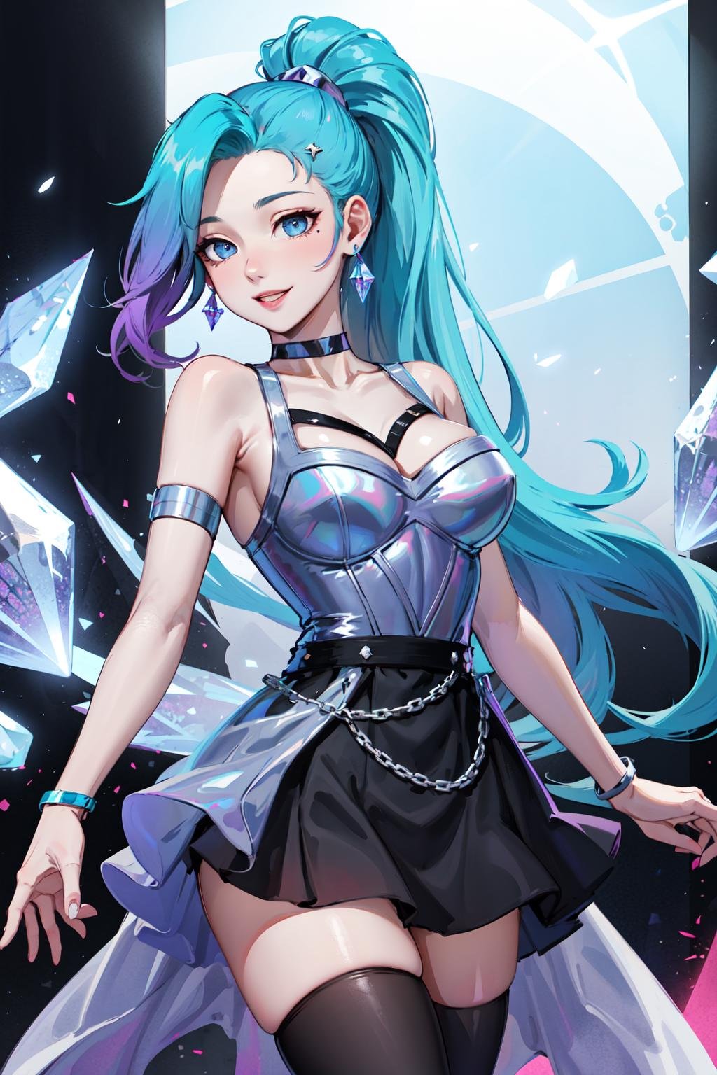 masterpiece, best quality, highres, seraphine1, 1girl, solo, blue hair, k/da \(league of legends\), very long hair, multicolored hair, jewelry, ponytail, blue eyes, earrings, dress, black choker, two-tone hair, purple hair, black thighhighs, bracelet, black skirt, crystal, large breasts, <lora:seraphine_(league_of_legends)_V1:0.6>, cowboy shot, smile,