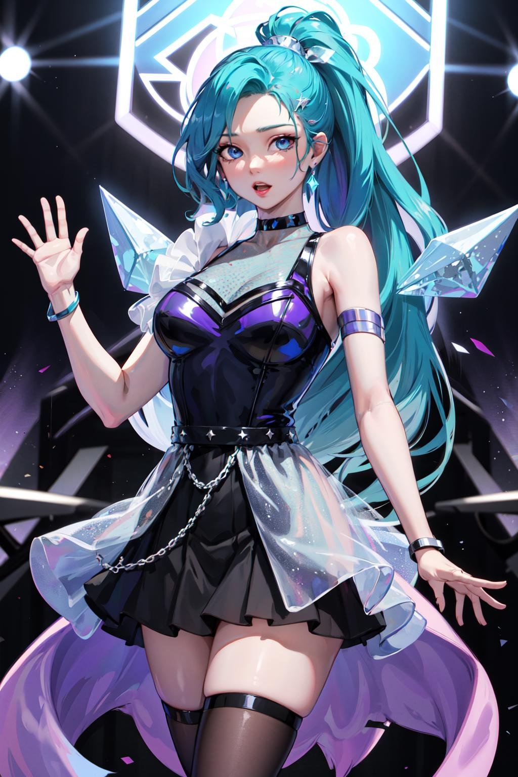 masterpiece, best quality, highres, seraphine1, 1girl, solo, blue hair, k/da \(league of legends\), very long hair, multicolored hair, jewelry, ponytail, blue eyes, earrings, dress, black choker, two-tone hair, purple hair, black thighhighs, bracelet, black skirt, crystal, large breasts, <lora:seraphine_(league_of_legends)_V1:0.6>, on the stage, waving