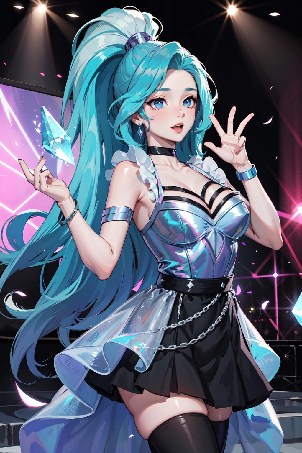 masterpiece, best quality, highres, seraphine1, 1girl, solo, blue hair, k/da \(league of legends\), very long hair, multicolored hair, jewelry, ponytail, blue eyes, earrings, dress, black choker, two-tone hair, purple hair, black thighhighs, bracelet, black skirt, crystal, large breasts, <lora:seraphine_(league_of_legends)_V1:0.6>, on the stage, (crowd:1.2)