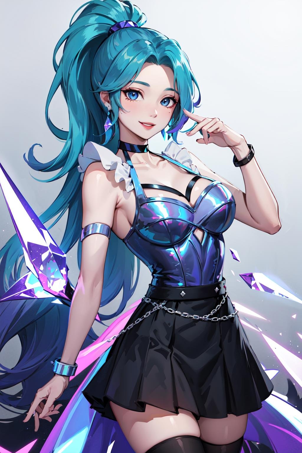 masterpiece, best quality, highres, seraphine1, 1girl, solo, blue hair, k/da \(league of legends\), very long hair, multicolored hair, jewelry, ponytail, blue eyes, earrings, dress, black choker, two-tone hair, purple hair, black thighhighs, bracelet, black skirt, crystal, large breasts, <lora:seraphine_(league_of_legends)_V1:0.6>, cowboy shot, smile,