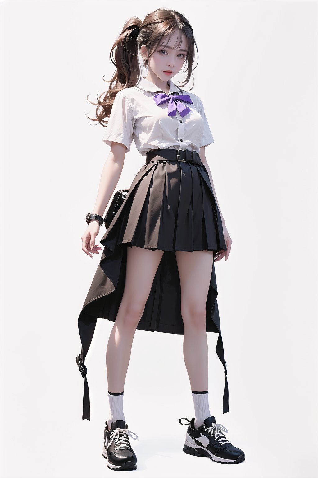 (best quality), ((masterpiece)), (highres), illustration, original, extremely detailed, (二次元大系·御姐篇_V1.0:0.7)zlqs, 1girl, mini skirt, solo, shoes, full body, white background, mini school uniform, brown hair, black mini short skirt, simple background, smile, looking at viewer, jewelry, mini pleated skirt, clothes around waist, short sleeves, breasts, standing, sneakers, white shirt, bracelet, ponytail, topless shirt, serafuku, neckerchief, sailor collar, bangs, large breasts, socks, purple eyes, jacket, closed mouth, black sailor collar, sweater ,Realism