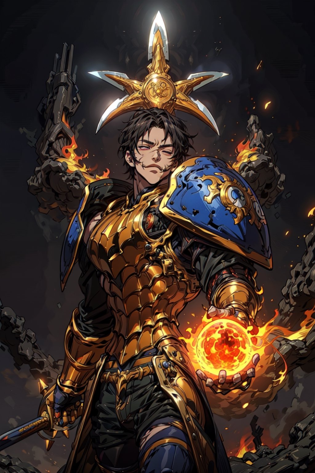 Wide and detailed shot of the entire body of "esacnor" in his golden armor, brandishing a giant (ritta axe) that is twice his size, the left arm has golden colored armor and is mechanical with a hidden high-quality weapon technology. , scars and battle damage, known as the "lion of pride", a scarred former mercenary and wanderer who travels the world even as his inner darkness festers deep within him and his temptation becomes increasingly difficult to resist. resist, retains his empathy and compassion, refusing to discard his humanity (8k, ultra best quality, masterpiece: 1.2), ultra detailed, best shadow, detailed hand, hyper-realistic portraits (detailed background), glowing right eye. God's hand. Eclipse. His defining ability is his mastery of the Buster Sword like Cloud from Final Fantasy 7. Place him against a background of a raging fire with black flames dancing in the background, a black crow flying, creating a hellish atmosphere. ((Perfect face)), ((perfect hands)), ((perfect body)), traditional means, guts \(crazy\), one eye closed