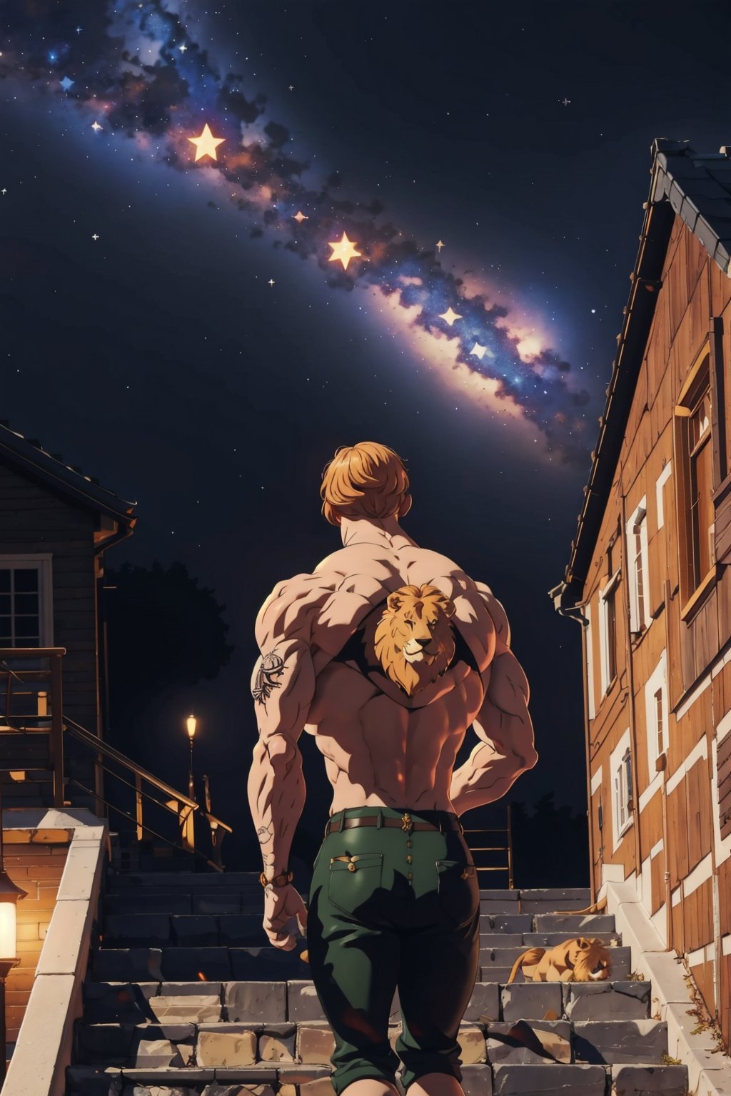 escanor-10:0.95, escanor, 1boy, topless, tattoo, lion head on back, ghostdom_20230621222536-000016:0.7 ,ghostdom, night, backlight, flowers:0.5, stairs, from behind, look at viewer, stary night,  stary night, (stars), (milky way), (dark environment:-0.6), (leo zodiac sign)
