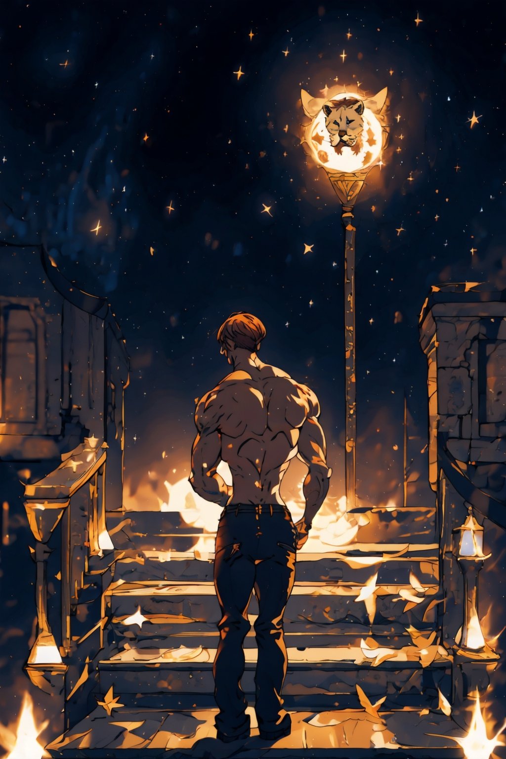 escanor-10:0.95, escanor, 1boy, topless, tattoo, lion head on back, ghostdom_20230621222536-000016:0.7 ,ghostdom, night, backlight, flowers:0.5, stairs, from behind, look at viewer, stary night,  stary night, (stars), (milky way), (dark environment:-0.6), (leo zodiac sign)
,1 girl