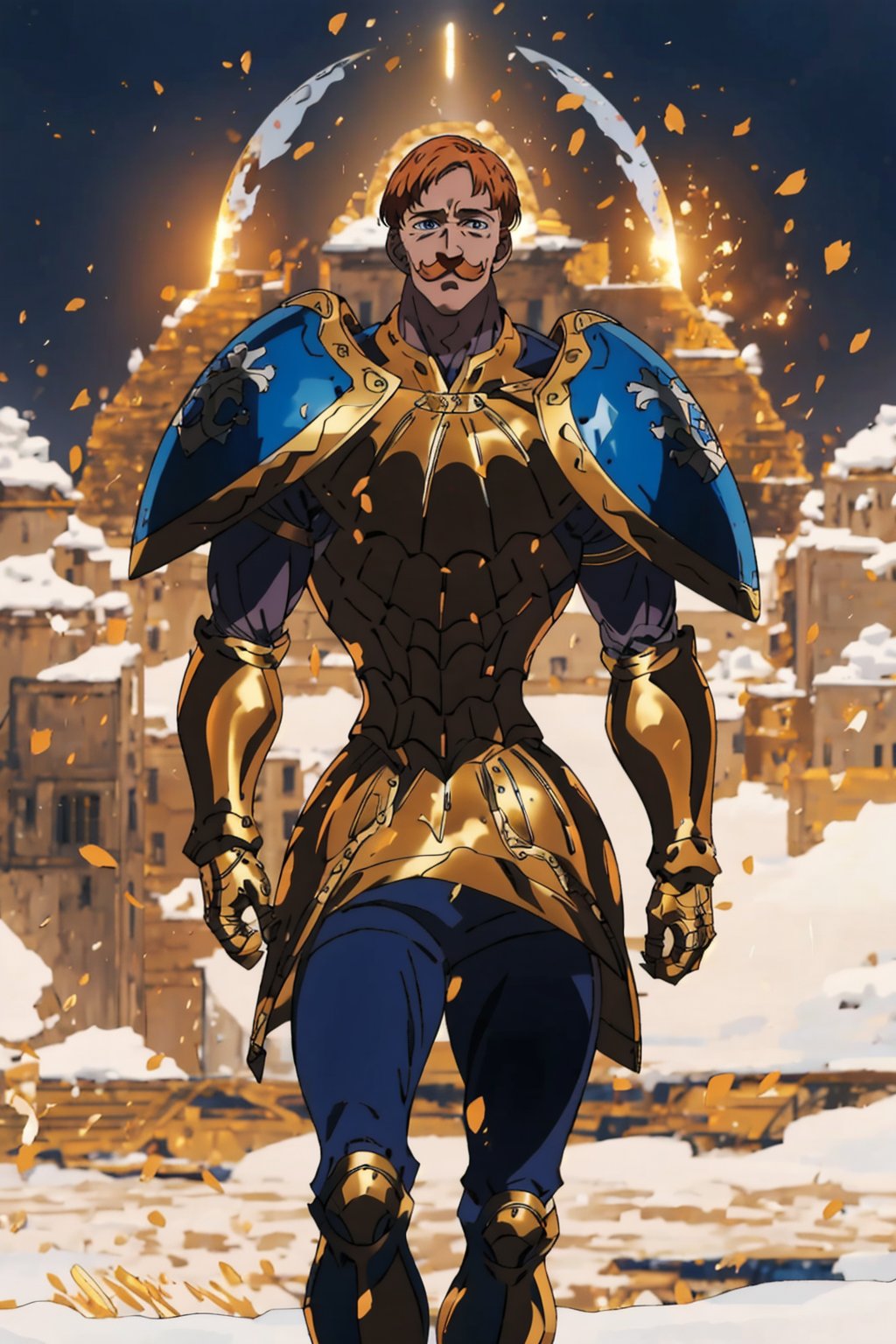 escanor-10:0.9, escanor, 1boy, full armor, gold armor, blue shield, ghostdom_20230621222536-000016:1,  ghostdom, night, backlight, flowers,
