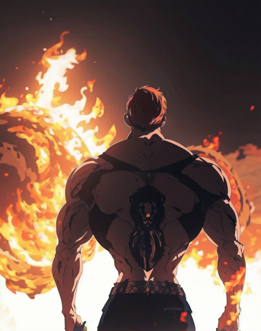escanor-10:0.9, escanor,  from behind, tattoo, lion head on back
