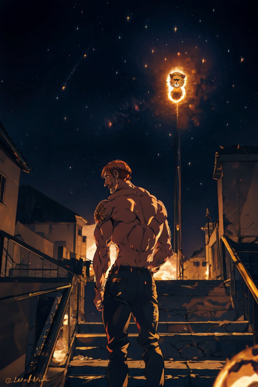 escanor-10:0.95, escanor, 1boy, topless, tattoo, lion head on back, ghostdom_20230621222536-000016:0.7 ,ghostdom, night, backlight, flowers:0.5, stairs, from behind, look at viewer, stary night,  stary night, (stars), (milky way), (dark environment:-0.6), (leo zodiac sign)
,1 girl