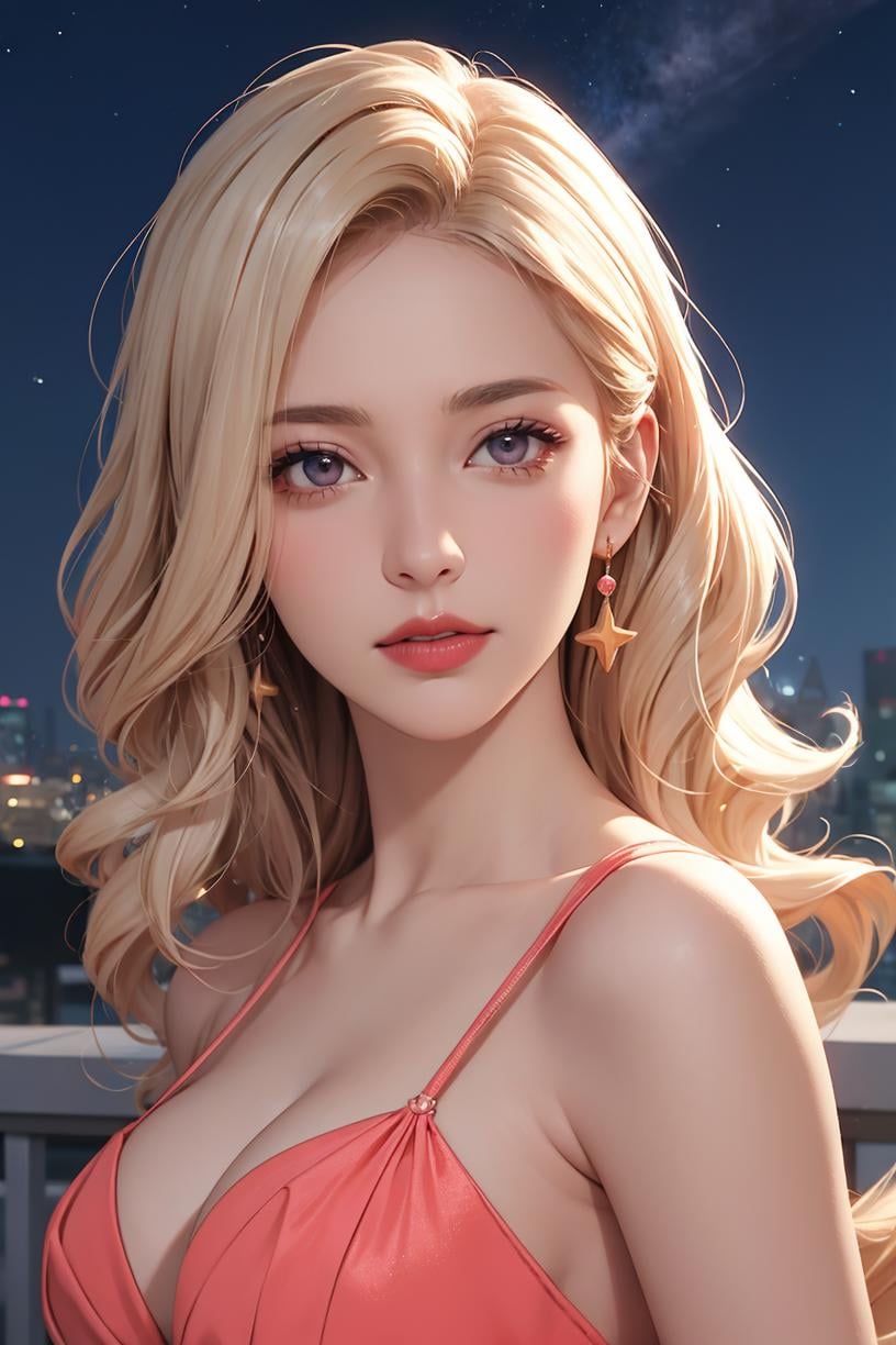 masterpiece,best quality,Tall,Thin,Square Face,Dark Skin,Platinum Blonde Hair,coral Eyes,Short Nose,Thin Lips,Sharp Chin,Long Hair,Curly Hair,Long Curly Hair,round breasts,magenta metallic lipstick,gown,phenom,A quiet peaceful rooftop under a star-filled sky,ultra realistic 8k CG,perfect artwork,delicate pattern,Facial lighting,intricate detail,extremely intricate,
