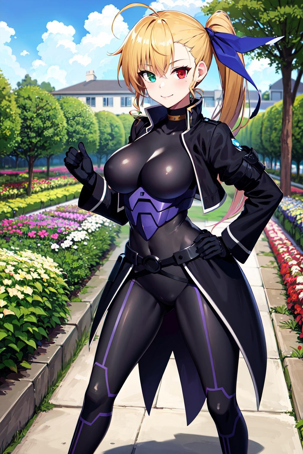 masterpiece, best quality, highres, 1girl, vivio1, heterochromia, ribbon, gloves, large breasts, ahoge, black_bodysuit, black jacket, <lora:vivio_v2:0.7>, garden, standing, hand on hip, smile,