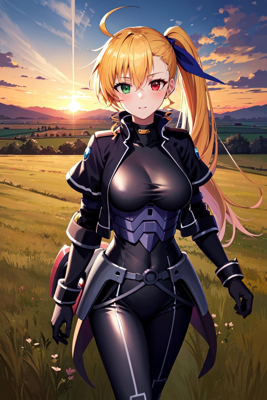 masterpiece, best quality, highres, 1girl, vivio1, heterochromia, ribbon, gloves, large breasts, ahoge, black_bodysuit, black jacket, <lora:vivio_v2:0.7>, walking, field, grass, sunset, cowboy shot,