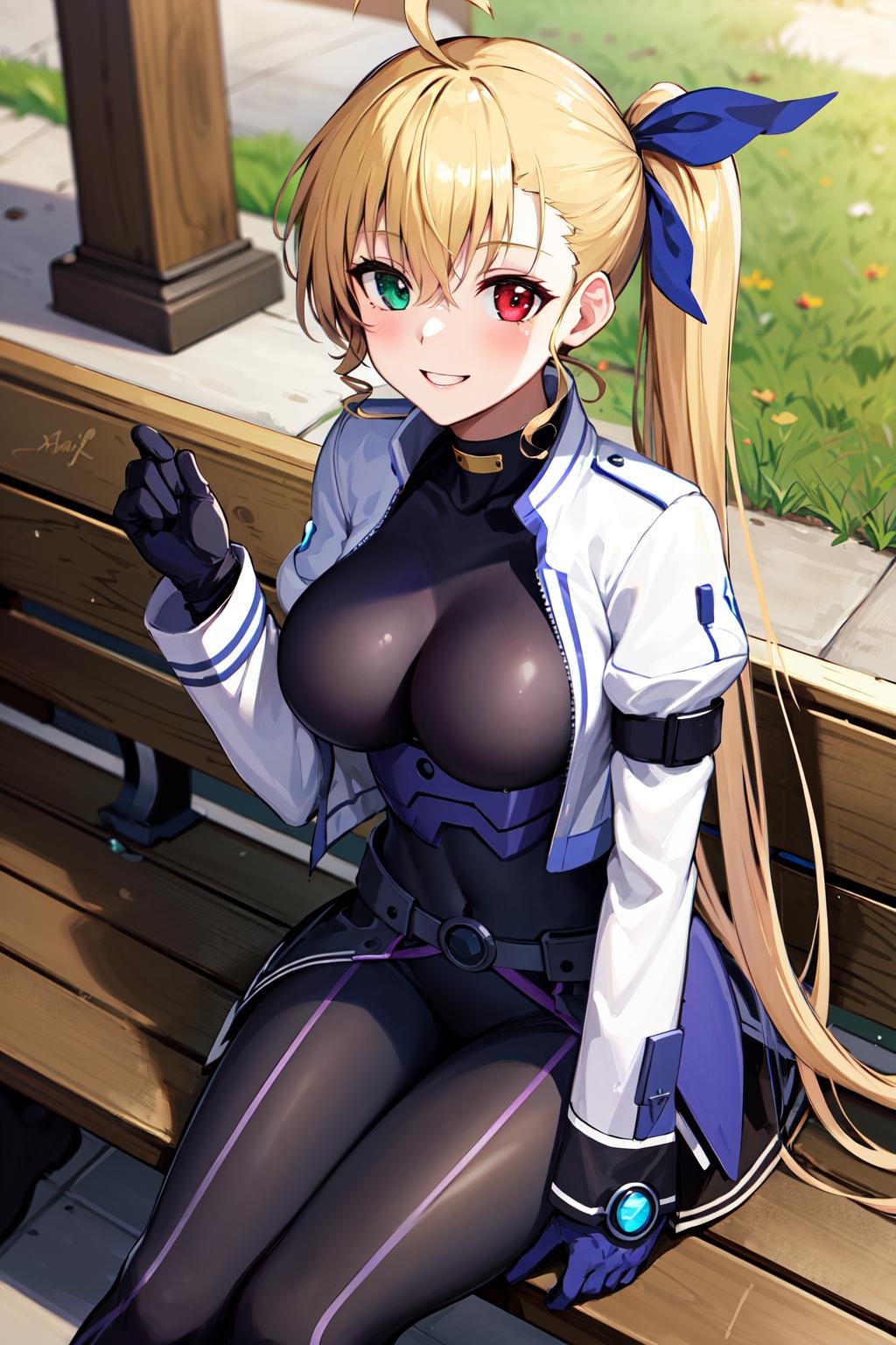 masterpiece, best quality, highres, 1girl, vivio1, heterochromia, ribbon, gloves, large breasts, ahoge, black_bodysuit, white jacket, <lora:vivio_v2:0.7>, park bench, sitting, smile,