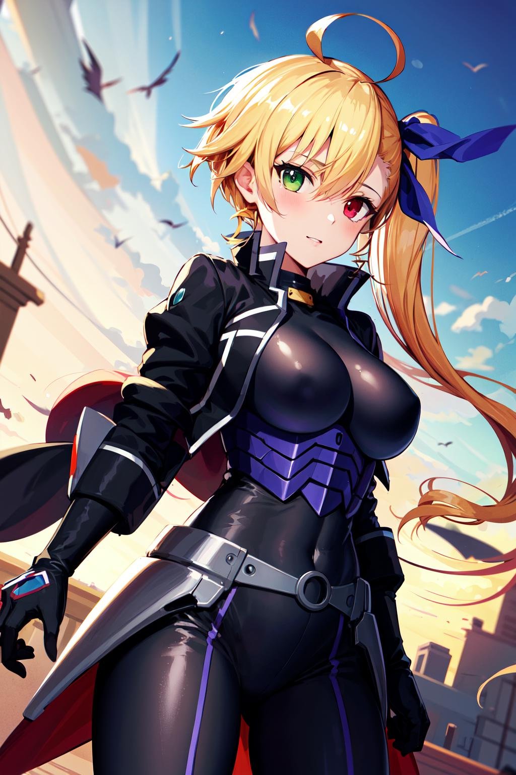 masterpiece, best quality, highres, 1girl, vivio1, heterochromia, ribbon, gloves, large breasts, ahoge, black_bodysuit, black jacket, <lora:vivio_v2:0.7>, cowboy shot