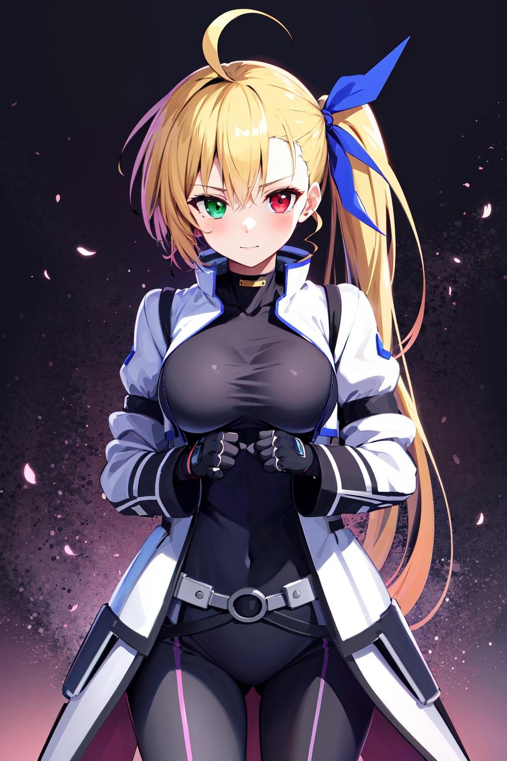 masterpiece, best quality, highres, 1girl, vivio1, heterochromia, ribbon, gloves, large breasts, ahoge, black_bodysuit, white jacket, <lora:vivio_v2:0.7>, cowboy shot,