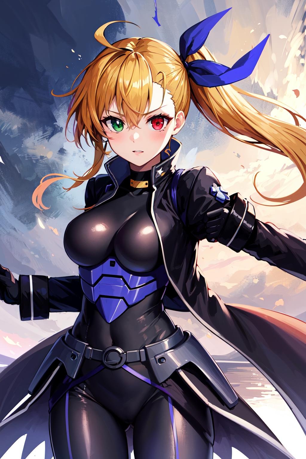 masterpiece, best quality, highres, 1girl, vivio1, heterochromia, ribbon, gloves, large breasts, ahoge, black_bodysuit, black jacket, <lora:vivio_v2:0.7>, cowboy shot