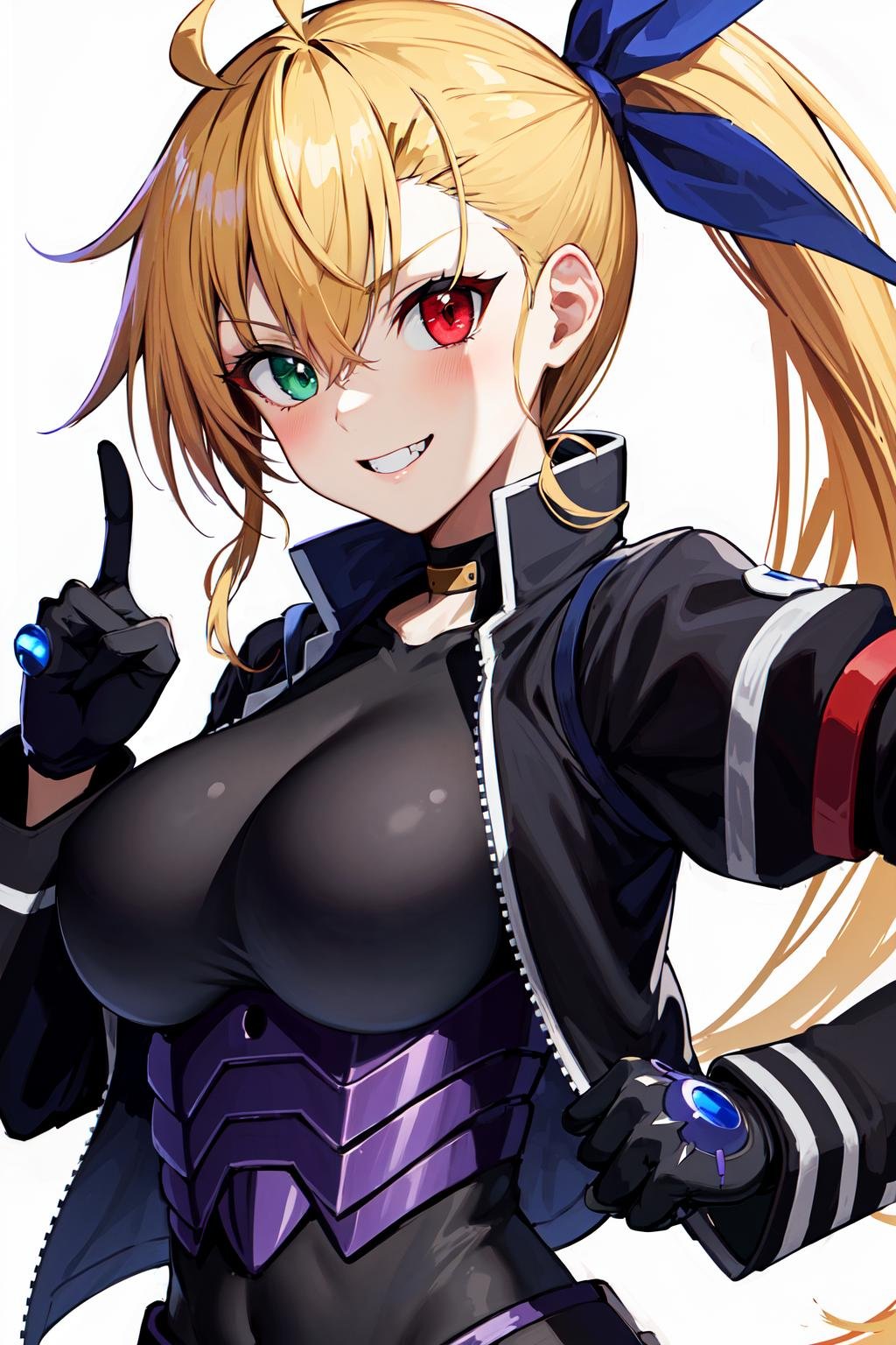 masterpiece, best quality, highres, 1girl, vivio1, heterochromia, ribbon, gloves, large breasts, ahoge, black_bodysuit, black jacket, <lora:vivio_v2:0.7>, upper body, evil smile, pointing at viewer, 