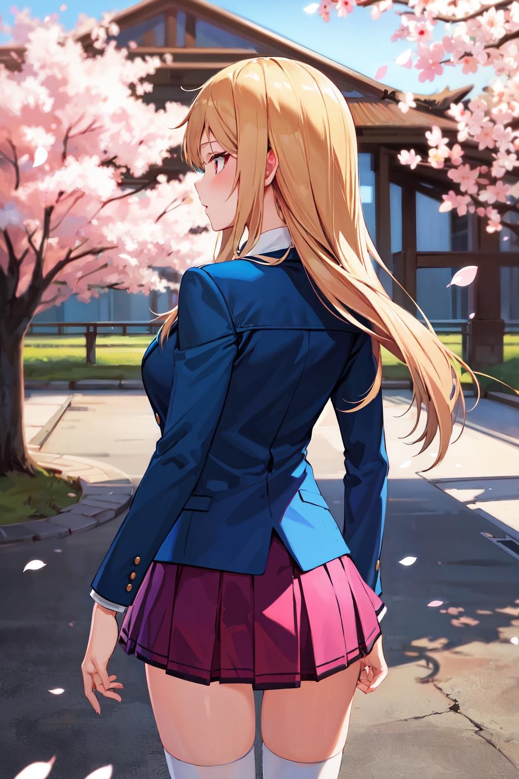 masterpiece, best quality, highres, mashi1, solo, school uniform, red necktie, pleated skirt, shirt, white socks, kneehighs, blue jacket, long sleeves, breasts, <lora:shiina_mashiro_v1:0.8>, cowboy shot, cherry blossoms, from behind, 