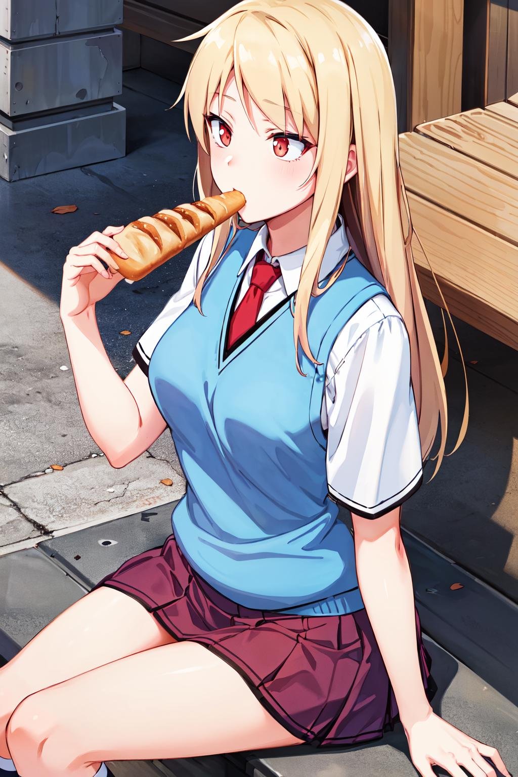 masterpiece, best quality, highres, mashi1, solo, school uniform, red necktie, pleated skirt, shirt, white socks, kneehighs, short sleeves, sweater vest, breasts, <lora:shiina_mashiro_v1:0.8>, sitting, park bench, bread, eatting,