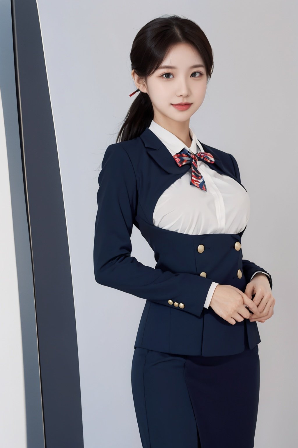 1girl, 
,white_background,medium_breasts ,Flight Attendant Uniform