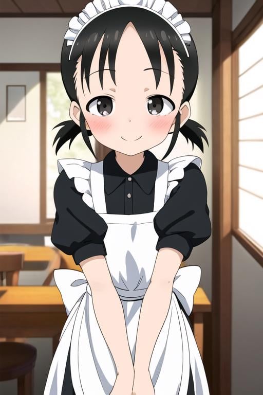 masterpiece, best quality, <lora:mano-chan:0.7> mano-chan, 1girl, solo, black eyes, black hair, twintails, low twintails, short hair, smile, blush, maid, maid headdress, maid apron, indoors, sunlight, puffy sleeves, short sleeves, 