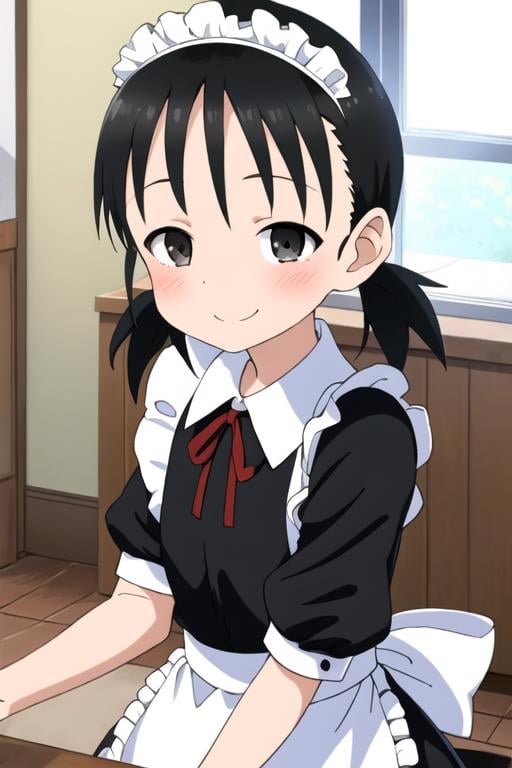 masterpiece, best quality, <lora:mano-chan:0.7> mano-chan, 1girl, solo, black eyes, black hair, twintails, low twintails, short hair, smile, maid, maid headdress, maid apron, indoors, sunlight, 