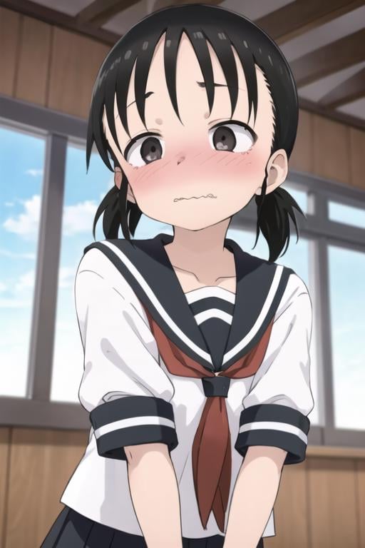 masterpiece, best quality, <lora:mano-chan:0.7> mano-chan, 1girl, solo, black eyes, black hair, twintails, short hair, blush, wavy mouth, serafuku, school uniform, closed mouth, pout,   