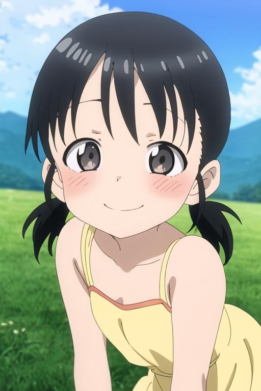 masterpiece, best quality, <lora:mano-chan:0.7> mano-chan, 1girl, solo, black eyes, black hair, twintails, short hair, blush, yellow dress, sleeveless,  colorful, anime coloring, smile, outdoors