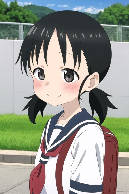 masterpiece, best quality, <lora:mano-chan:0.7> mano-chan, 1girl, solo, black eyes, black hair, twintails, short hair, blush, serafuku, school uniform,  colorful, anime coloring, smile, outdoors, school bag, 