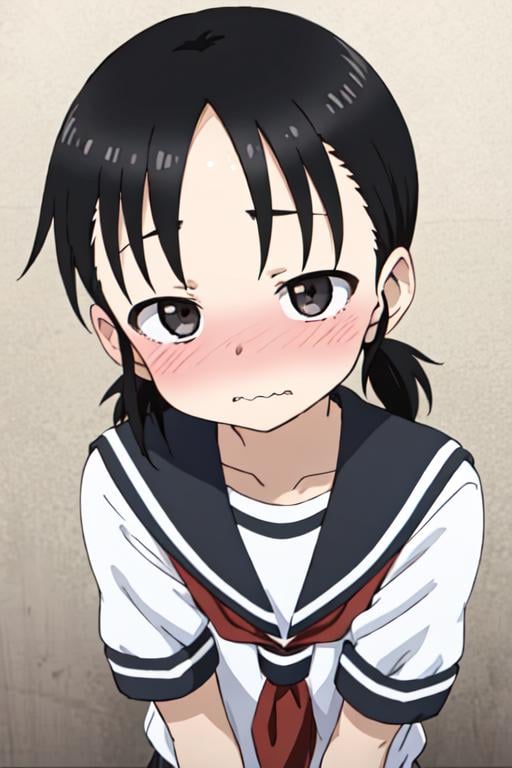 masterpiece, best quality, <lora:mano-chan:0.7> mano-chan, 1girl, solo, black eyes, black hair, twintails, short hair, blush, wavy mouth, serafuku, school uniform, closed mouth, pout,  colorful, anime coloring, 