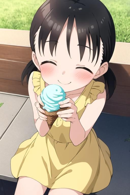 masterpiece, best quality, <lora:mano-chan:0.7> mano-chan, 1girl, solo, closed eyes, black hair, twintails, low twintails, short hair, smile,  blush, (yellow dress:1.1), sleeveless, cowboy shot, sitting, park, ice cream, holding food, 